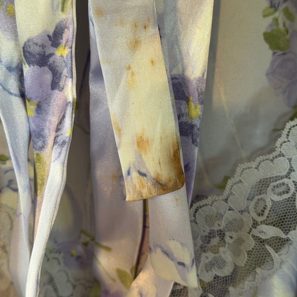 Vintage Gilligan O'Malley Floral Satin Robe Chemise Set Lilac Nightgown Medium - Picture 8 of 9